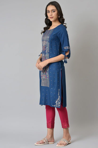 Blue Dobby Printed kurta In Round Neck