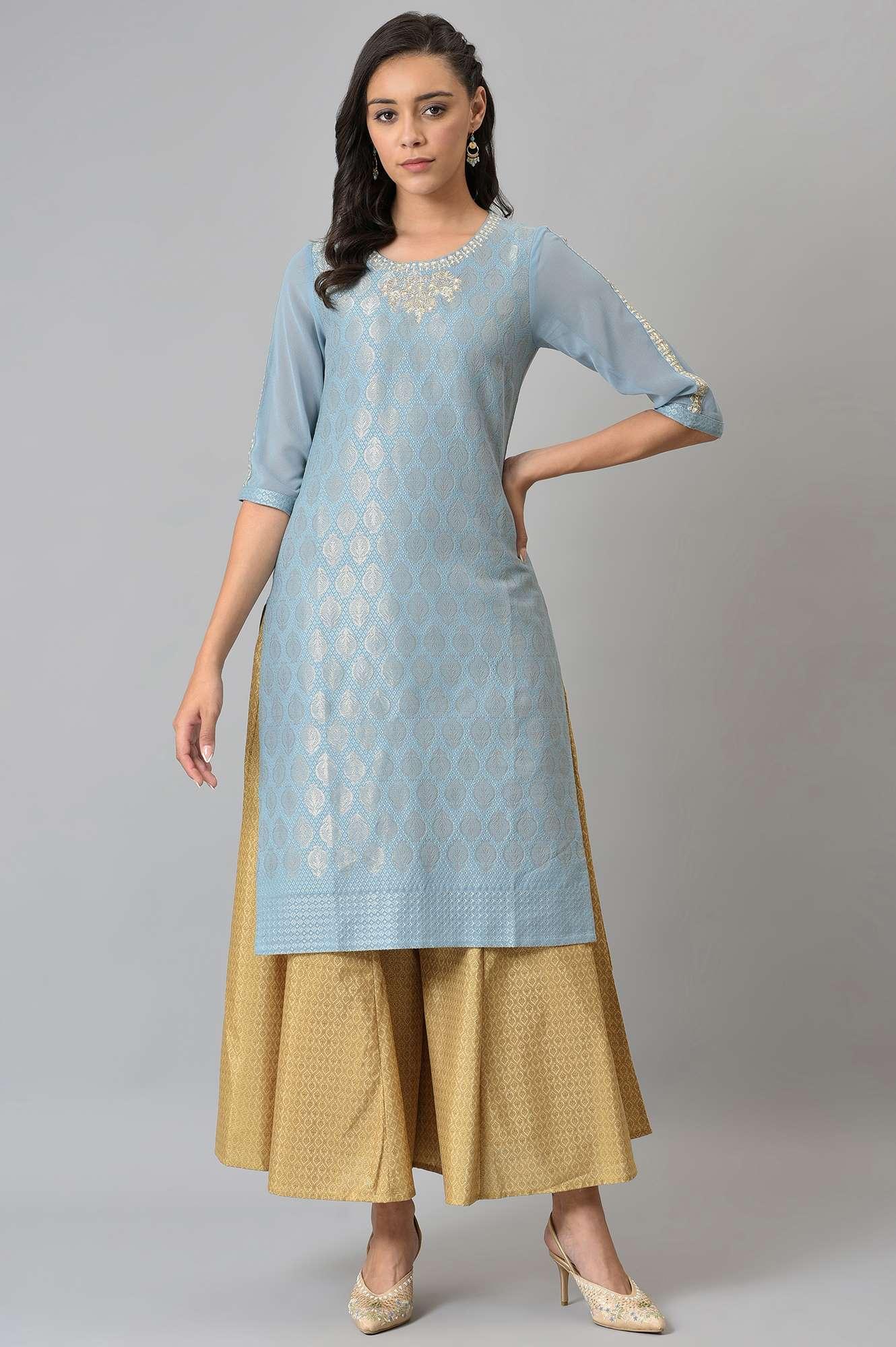 Buy Sky Blue Jacquard kurta With Embroidery @ 2999 | W for woman