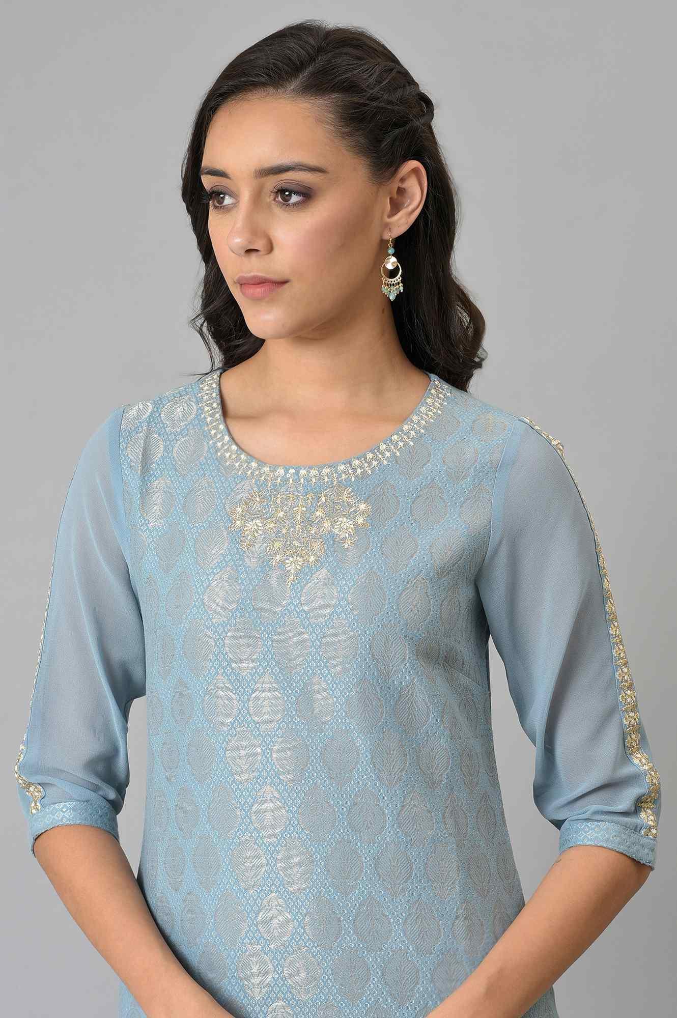 Sky Blue Jacquard kurta With Embroidery - wforwoman