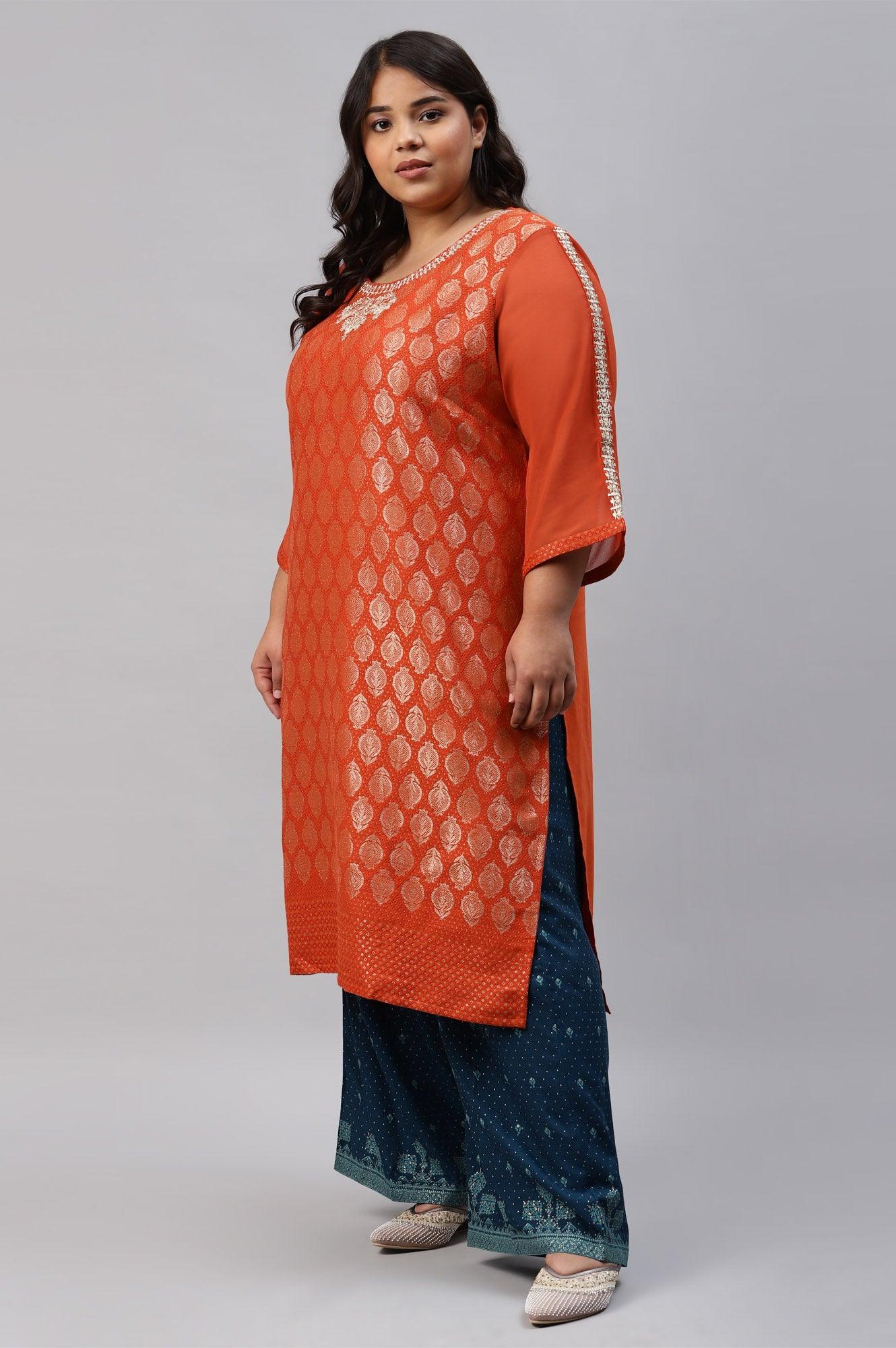 Red Jacquard Plus Size kurta With Embroidery - wforwoman