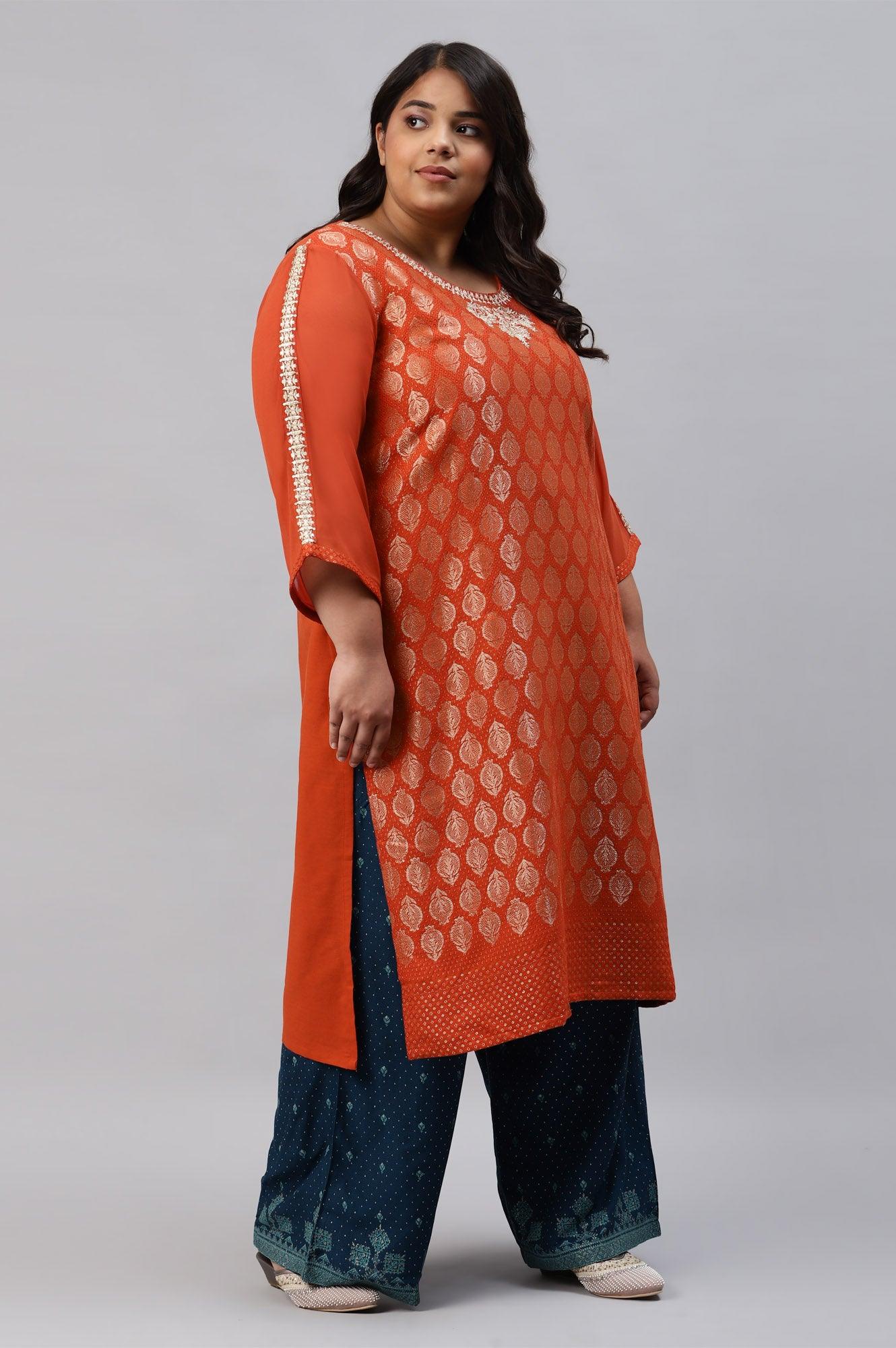 Red Jacquard Plus Size kurta With Embroidery - wforwoman