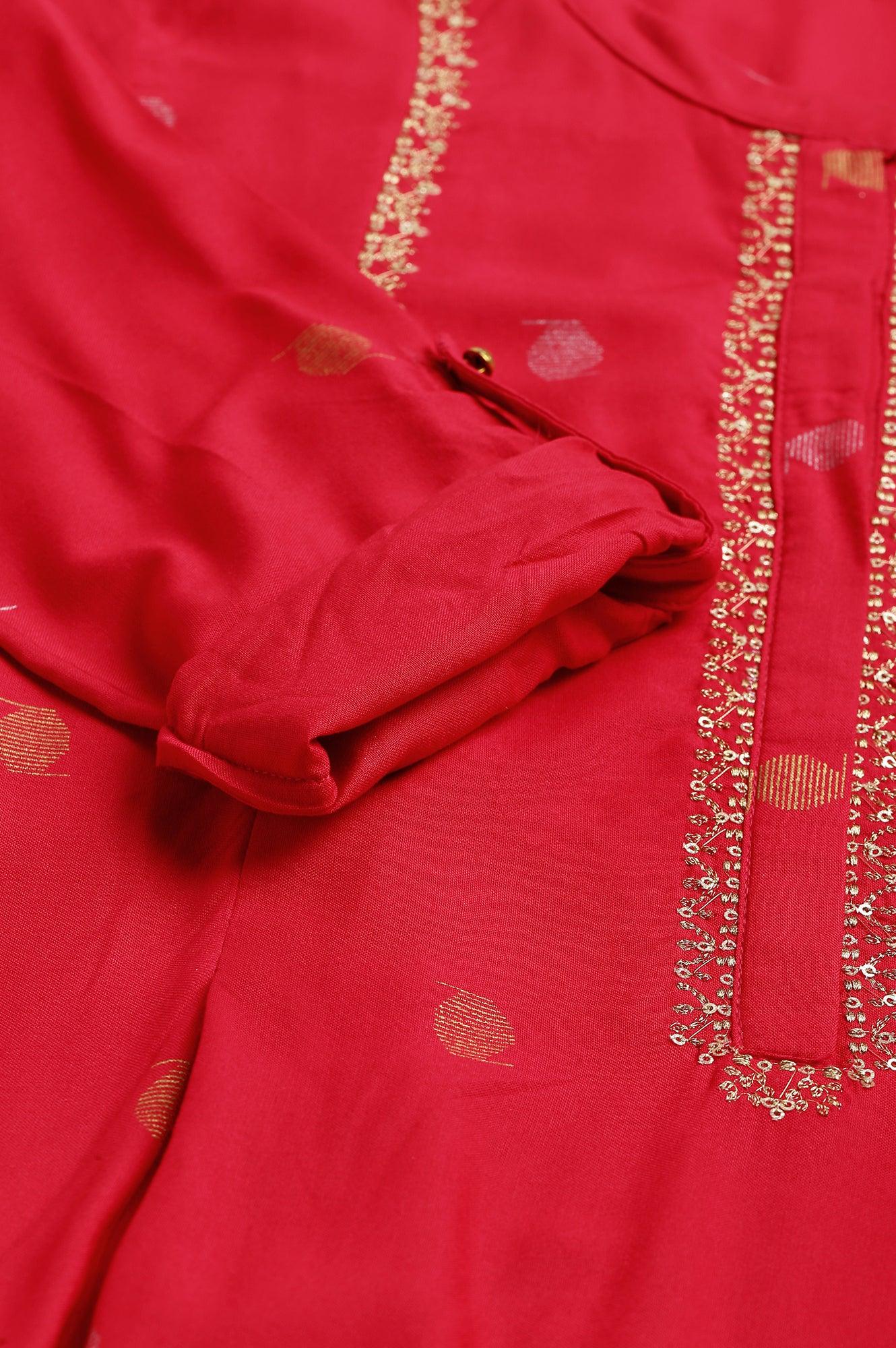 Red Mettalic Embroidered kurta With Pleats - wforwoman