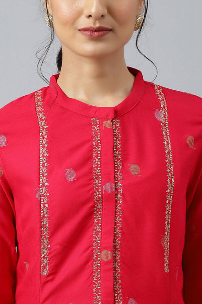 Red Mettalic Embroidered kurta With Pleats - wforwoman