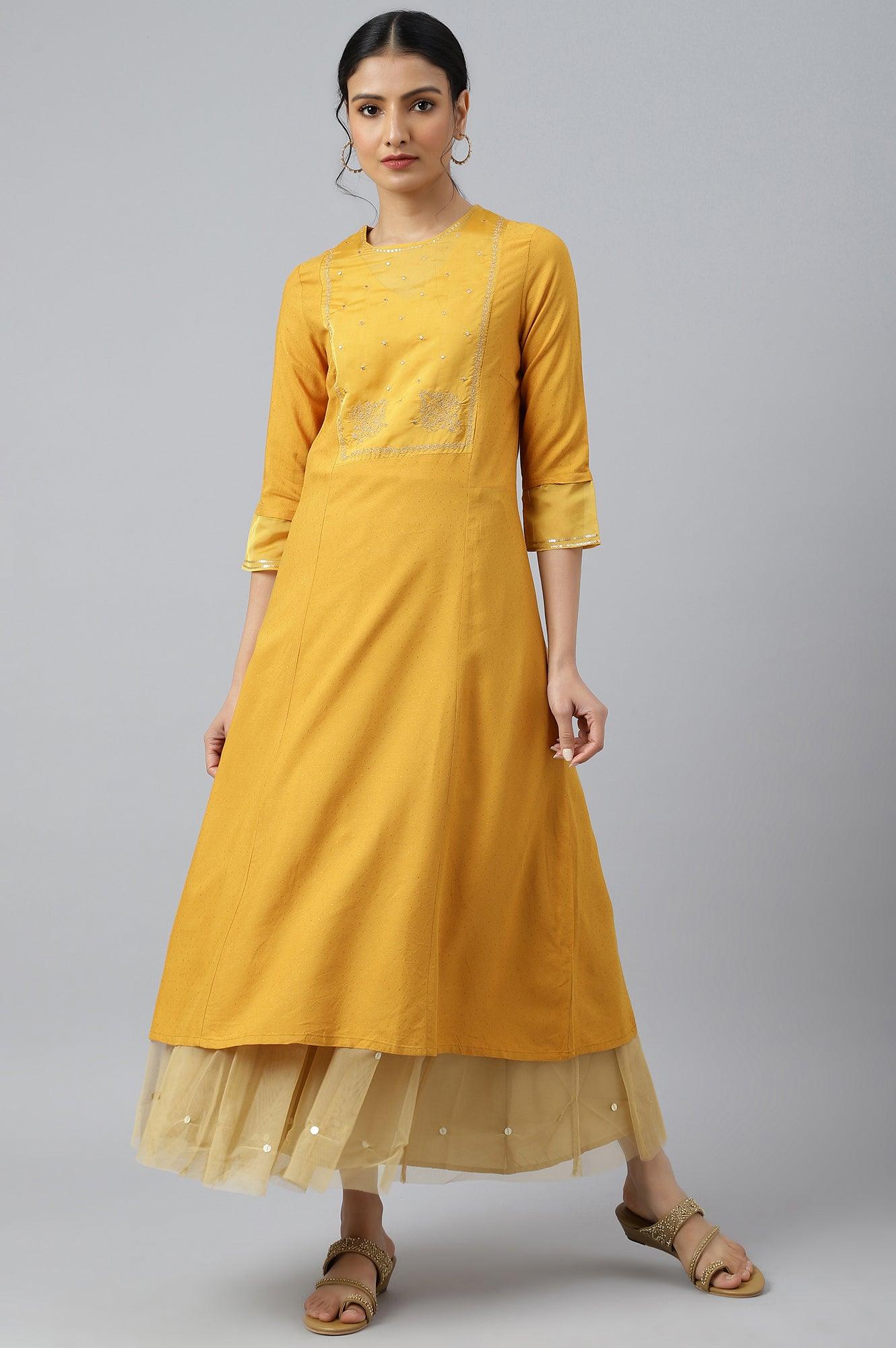 Dark Yellow A-Line Embroidered kurta With Sequins - wforwoman