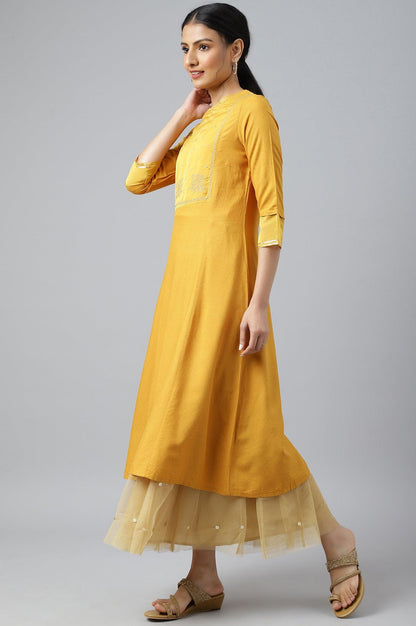 Dark Yellow A-Line Embroidered kurta With Sequins - wforwoman
