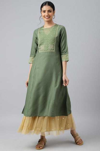 Olive Green A-Line Embroidered kurta With Sequins - wforwoman