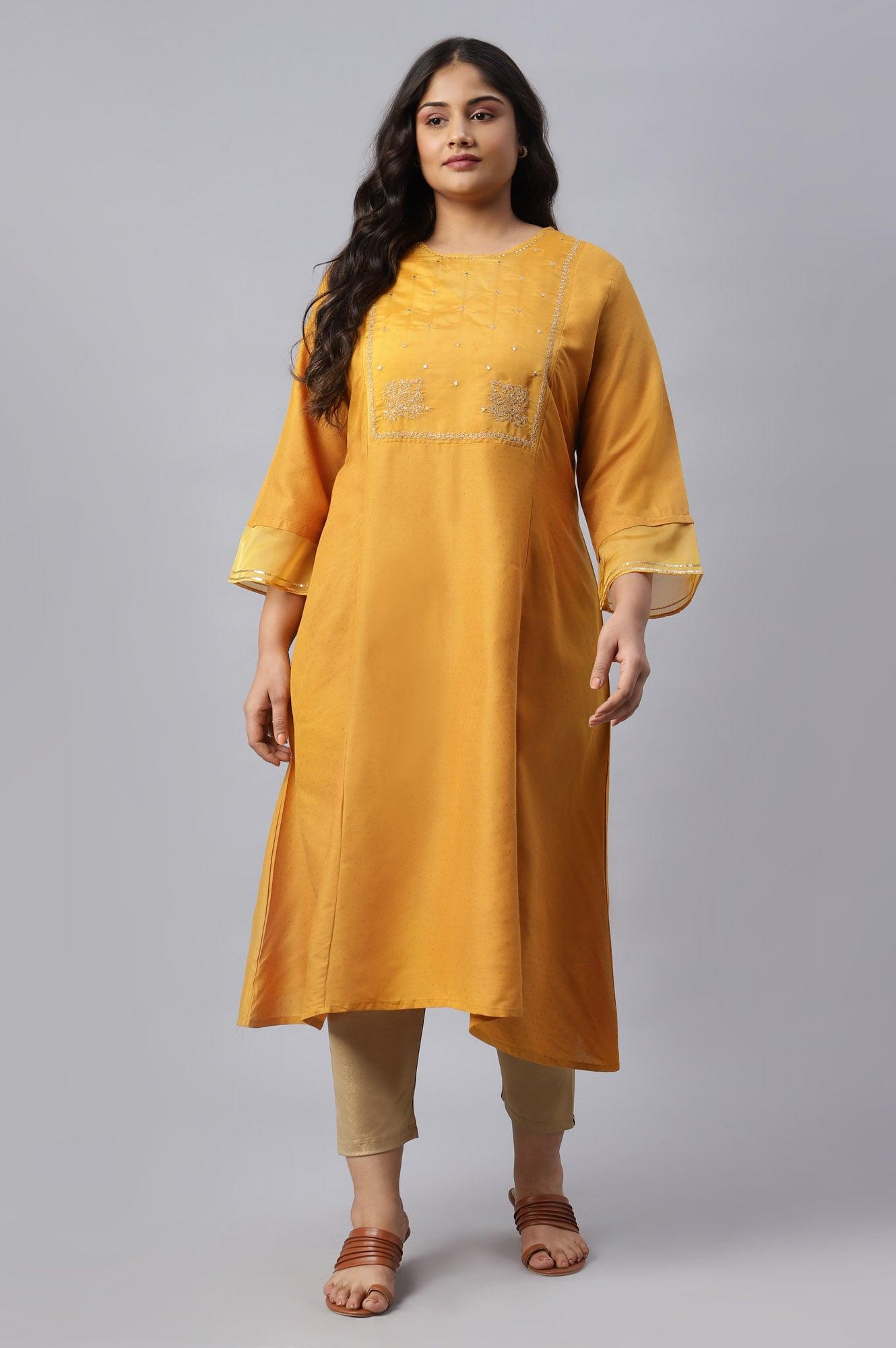 Dark Yellow A-Line Embroidered Plus Size kurta With Sequins - wforwoman