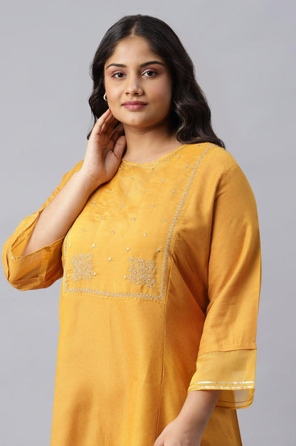 Dark Yellow A-Line Embroidered Plus Size kurta With Sequins - wforwoman