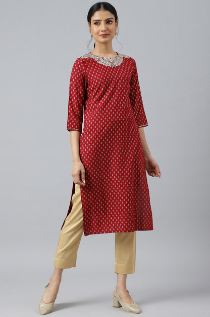 Red Printed kurta With Metallic Embroidery