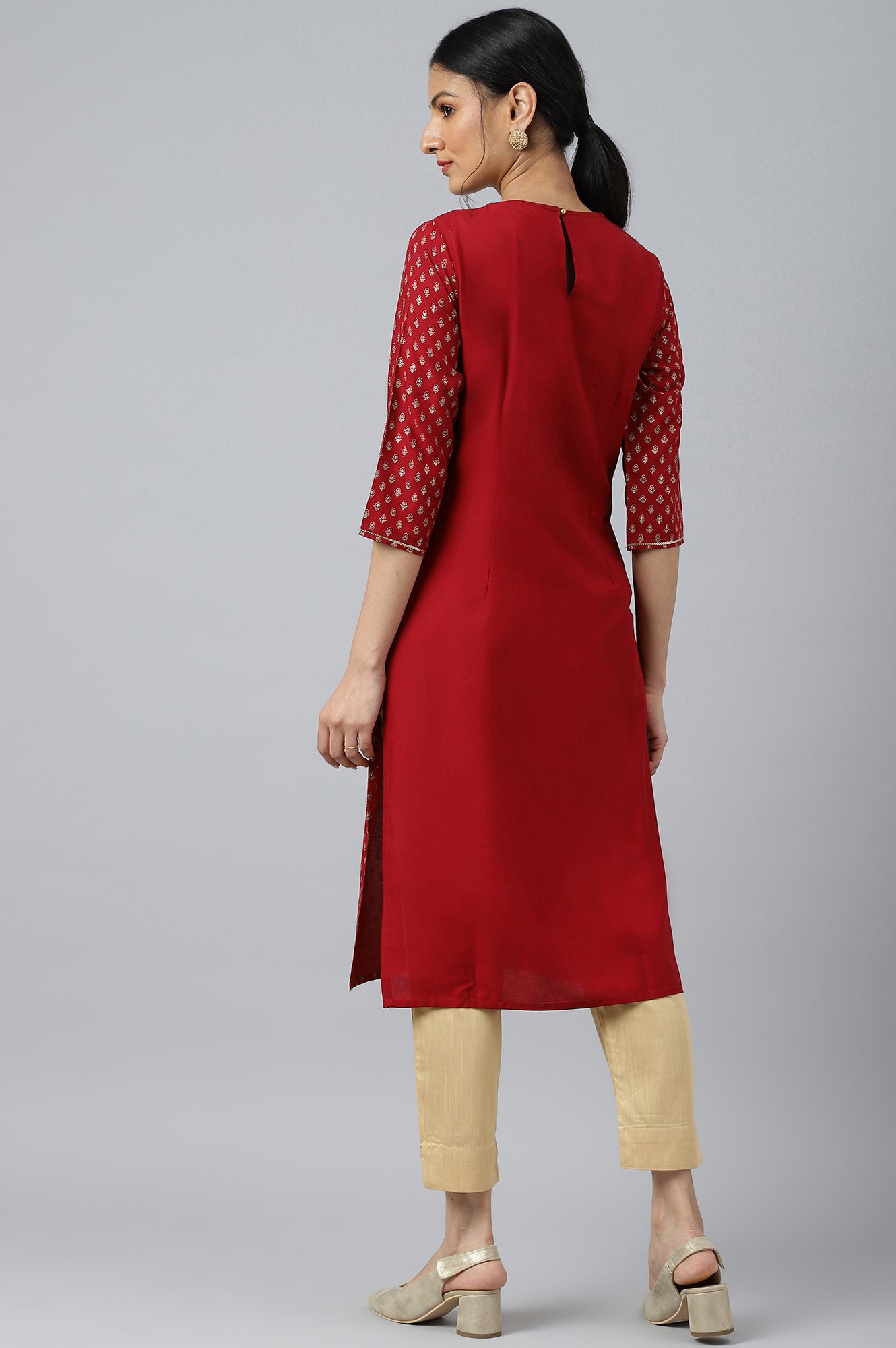 Red Printed kurta With Metallic Embroidery