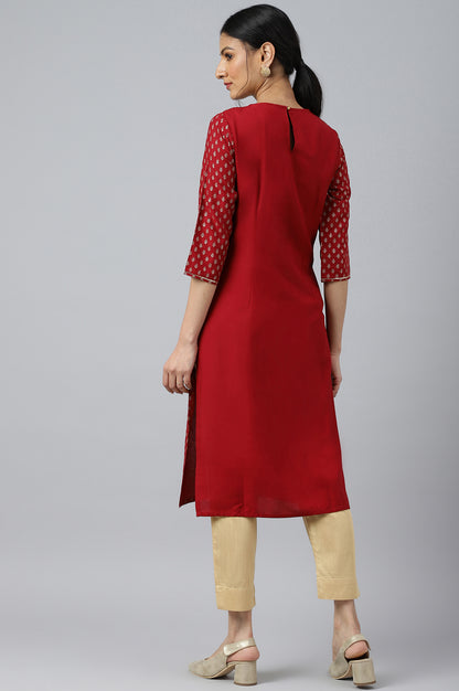 Red Printed kurta With Metallic Embroidery