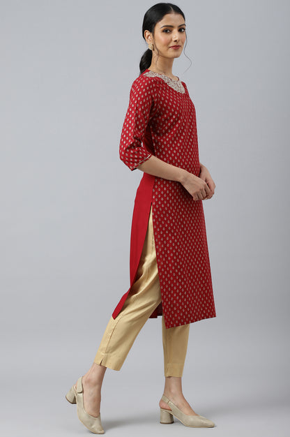 Red Printed kurta With Metallic Embroidery