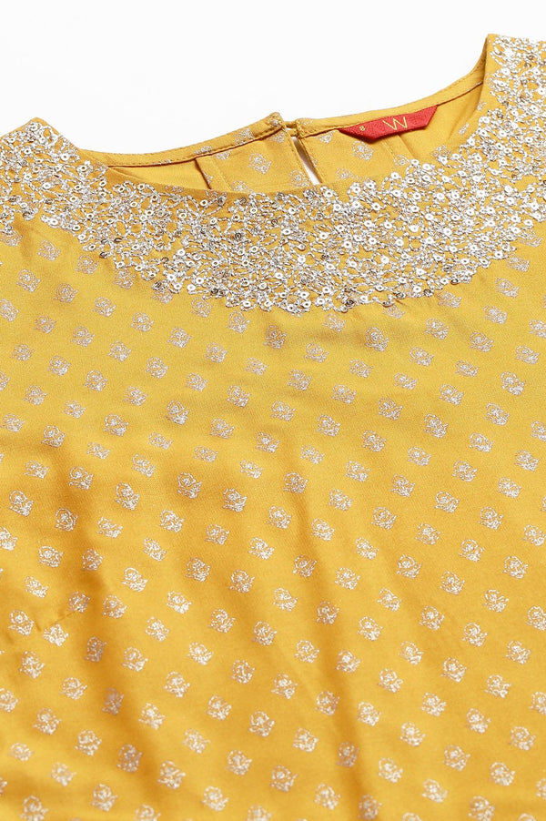 Mustard Printed kurta With Metallic Embroidery