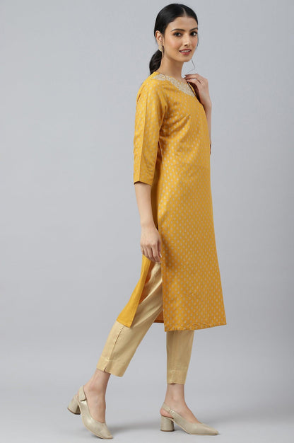 Mustard Printed kurta With Metallic Embroidery - wforwoman