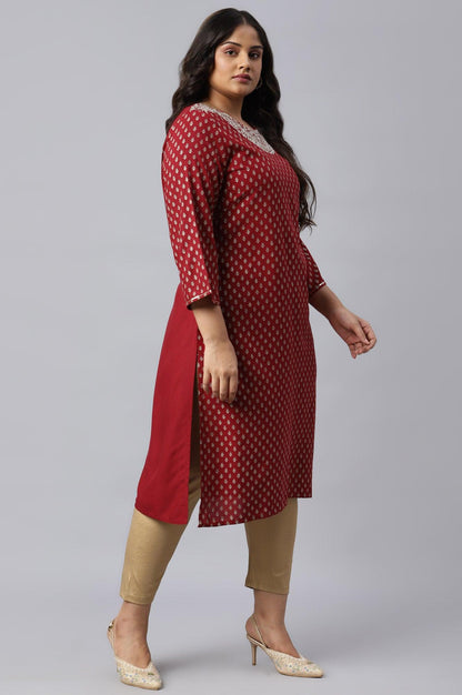 Red Printed Plus Size kurta With Metallic Embroidery - wforwoman