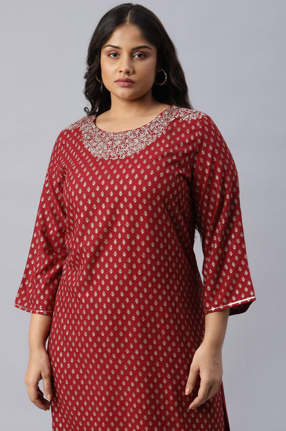 Red Printed Plus Size kurta With Metallic Embroidery - wforwoman