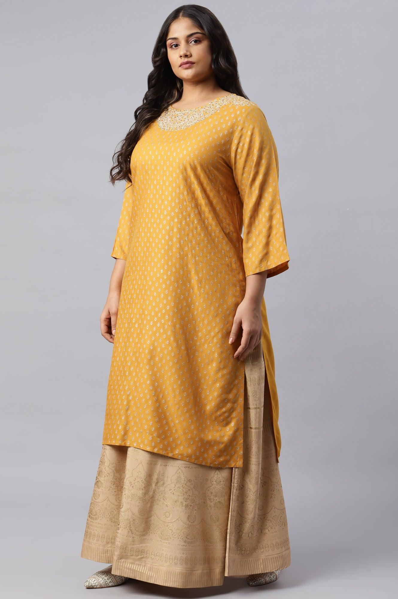 Mustard Printed Plus Size kurta With Metallic Embroidery - wforwoman