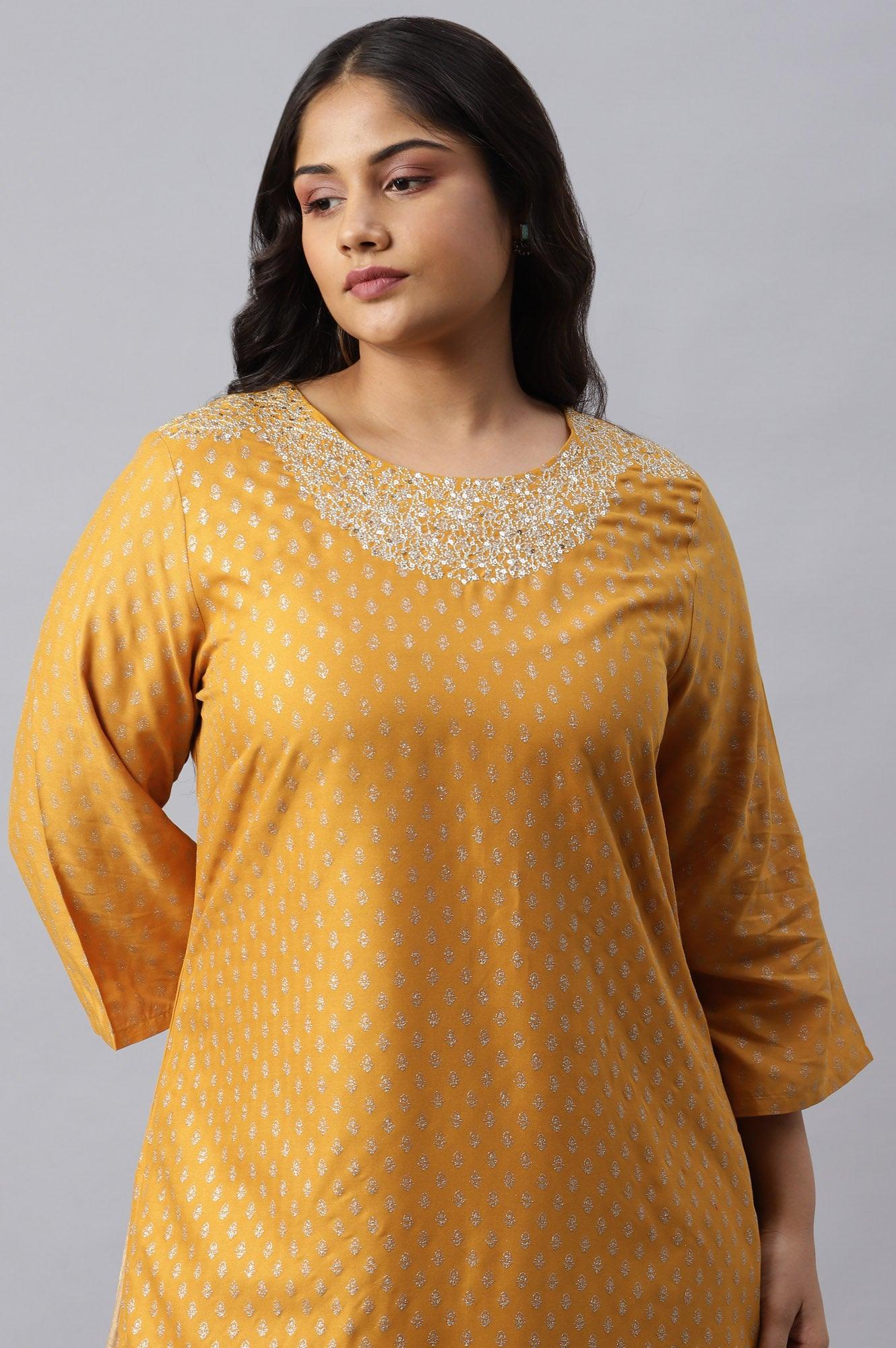 Mustard Printed Plus Size kurta With Metallic Embroidery - wforwoman