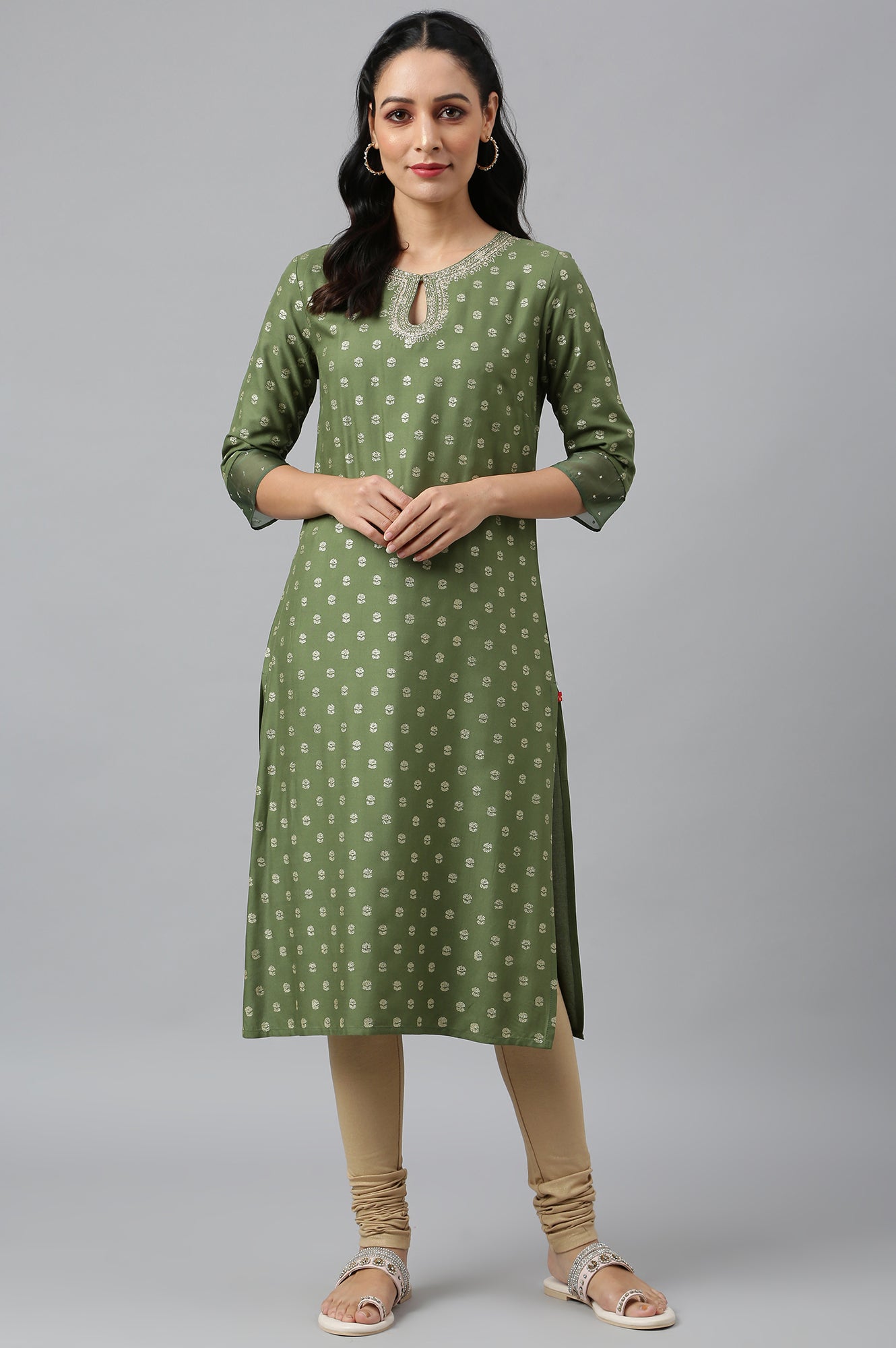 Olive Green Printed kurta With Embroidery And Sequins