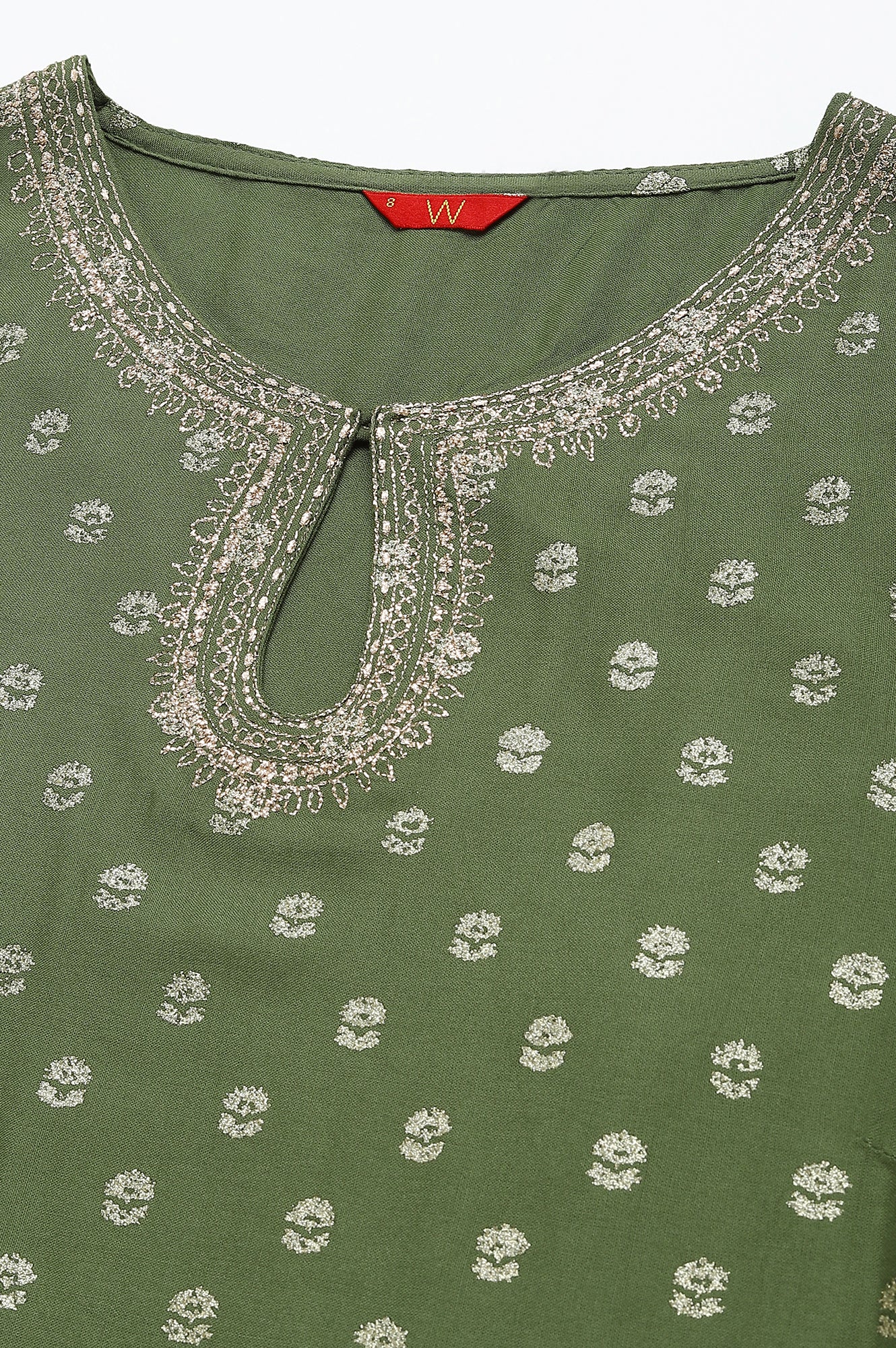 Olive Green Printed kurta With Embroidery And Sequins