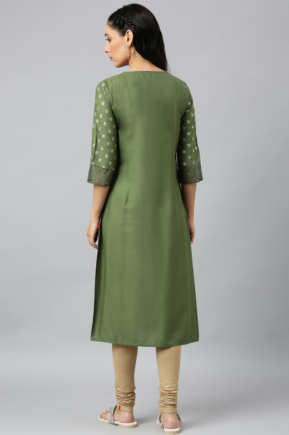 Olive Green Printed kurta With Embroidery And Sequins