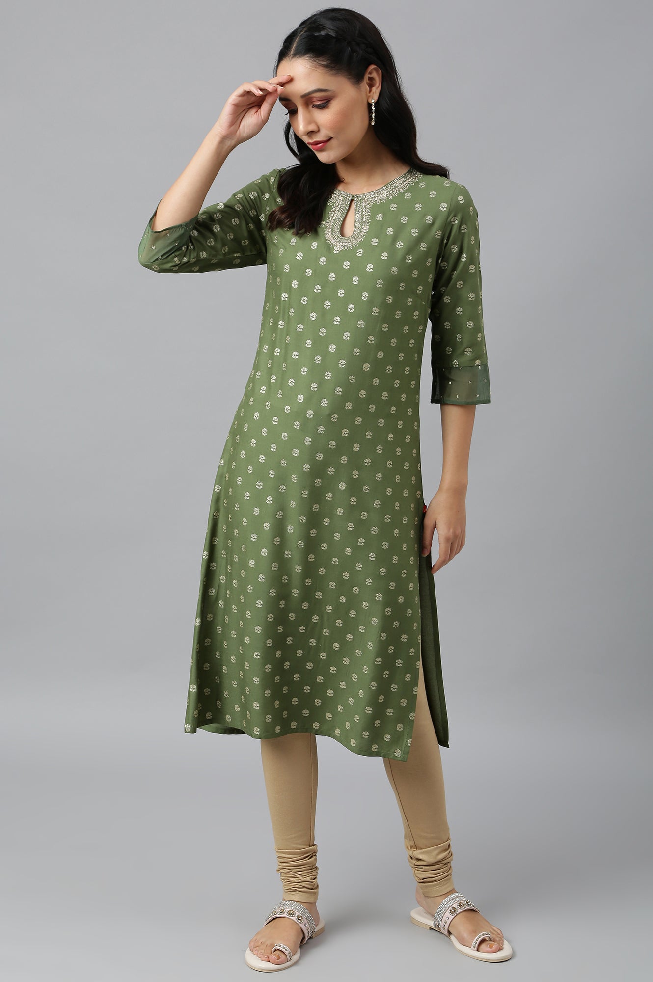 Olive Green Printed kurta With Embroidery And Sequins