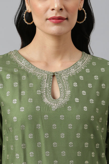 Olive Green Printed kurta With Embroidery And Sequins