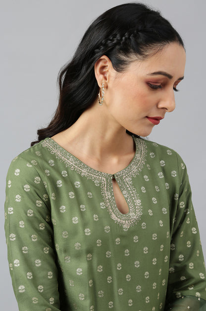 Olive Green Printed kurta With Embroidery And Sequins