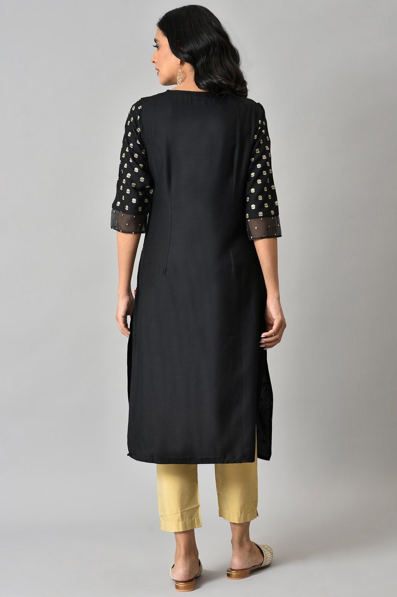 Black Printed kurta With Embroidery And Sequins - wforwoman