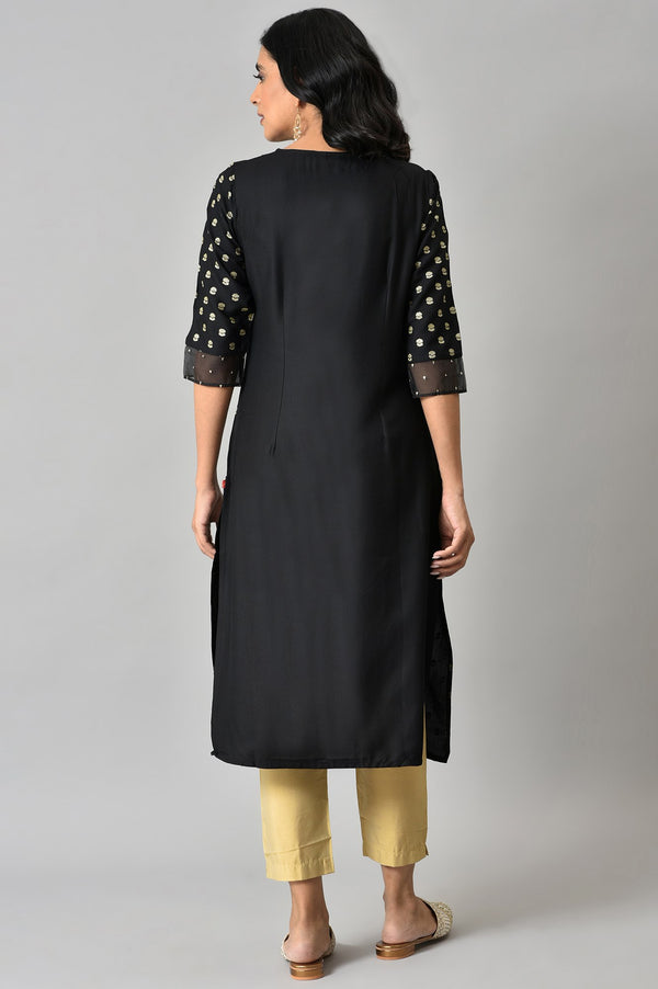 Black Glitter Printed Rayon Straight Kurta with Embroidered Neck