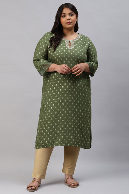 Olive Green Printed Plus Size kurta With Embroidery And Sequins