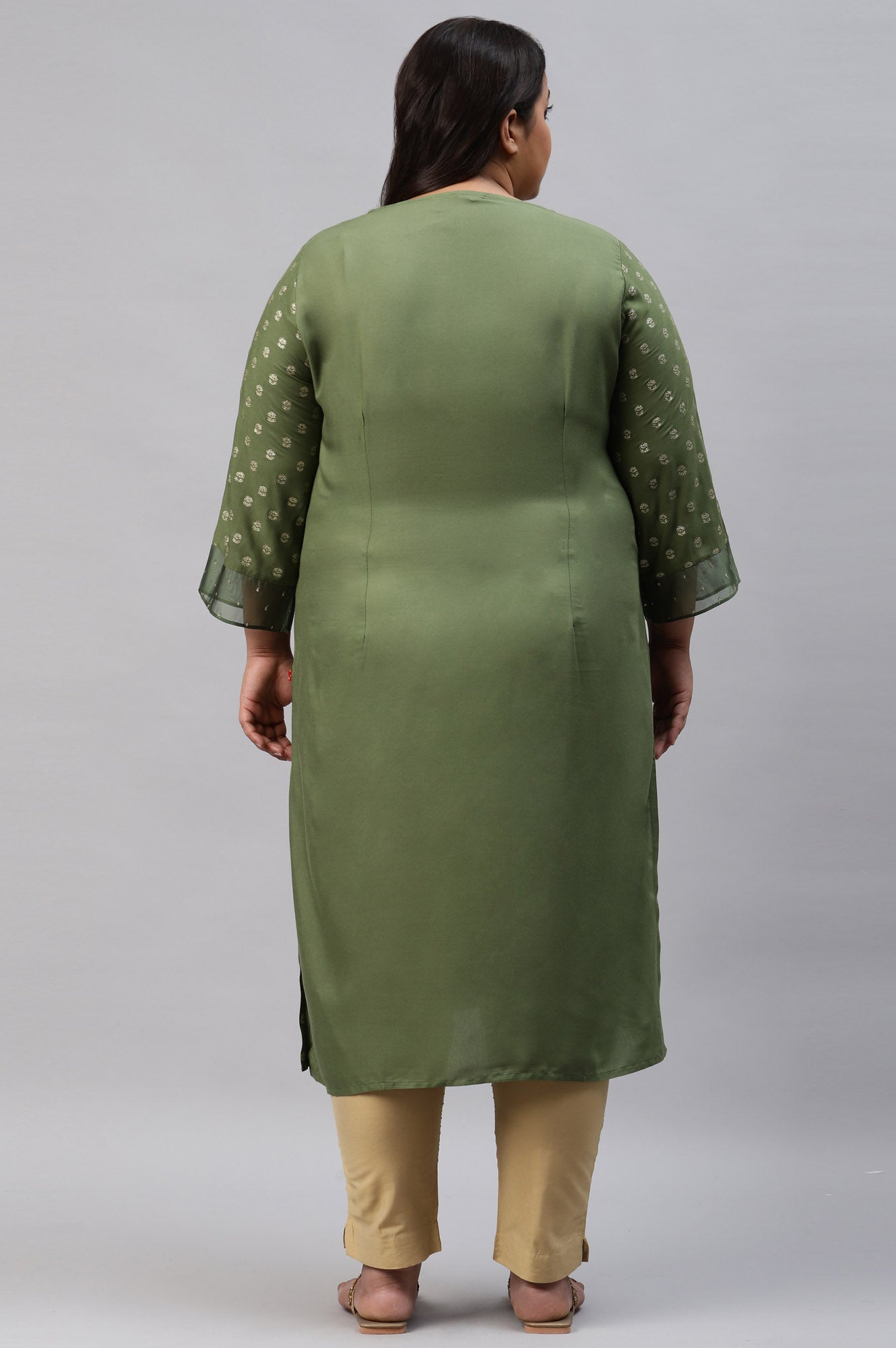 Olive Green Printed Plus Size kurta With Embroidery And Sequins