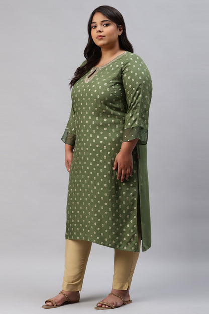 Olive Green Printed Plus Size kurta With Embroidery And Sequins