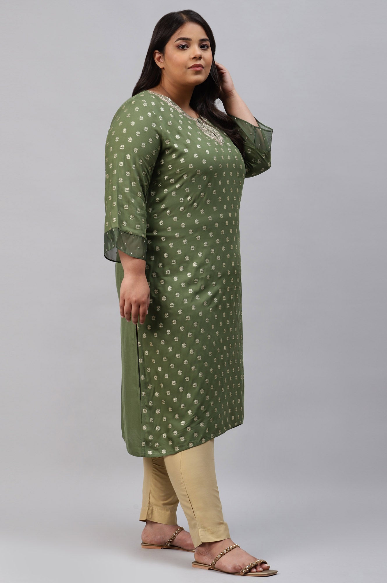 Olive Green Printed Plus Size kurta With Embroidery And Sequins