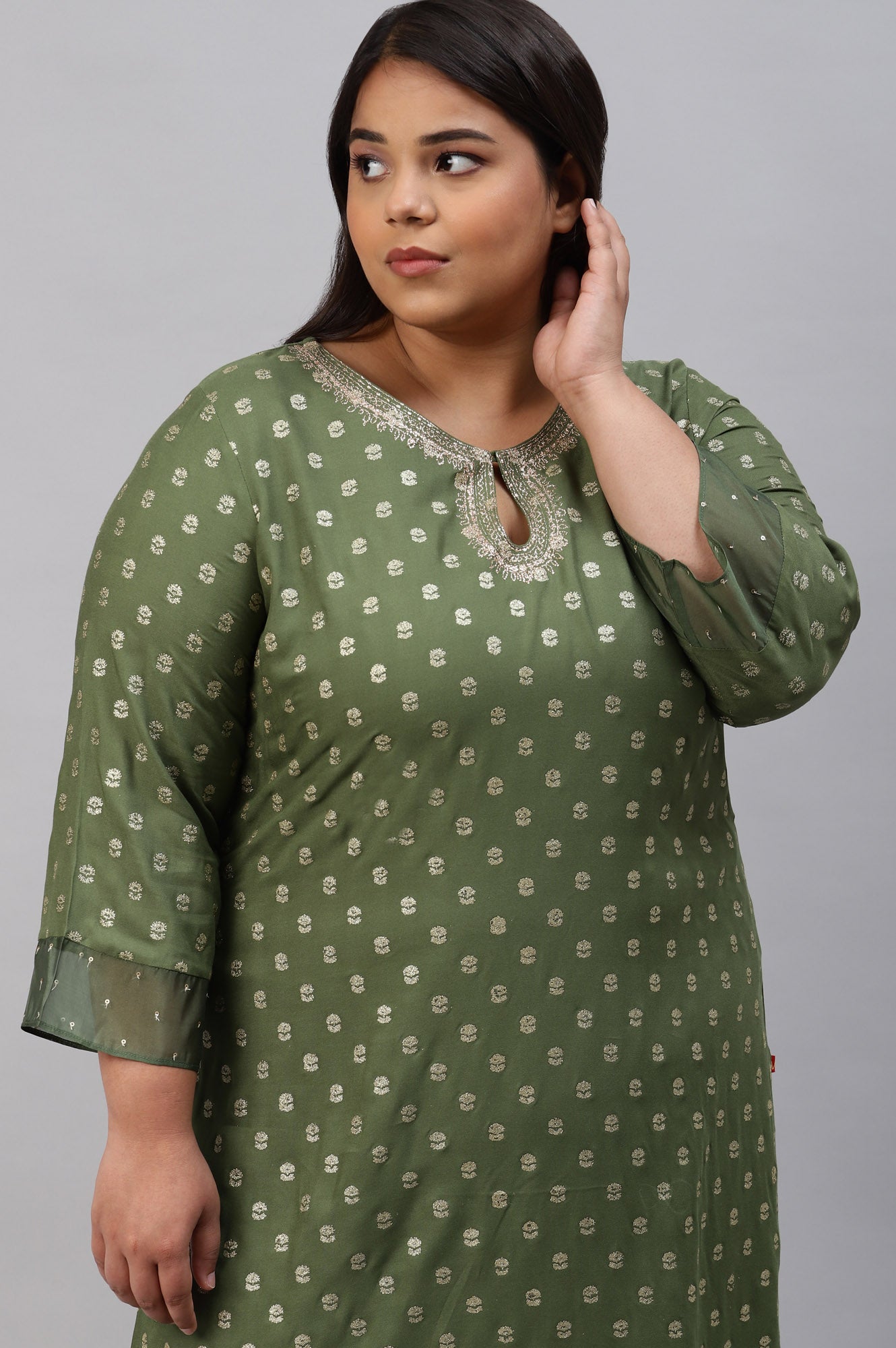 Olive Green Printed Plus Size kurta With Embroidery And Sequins