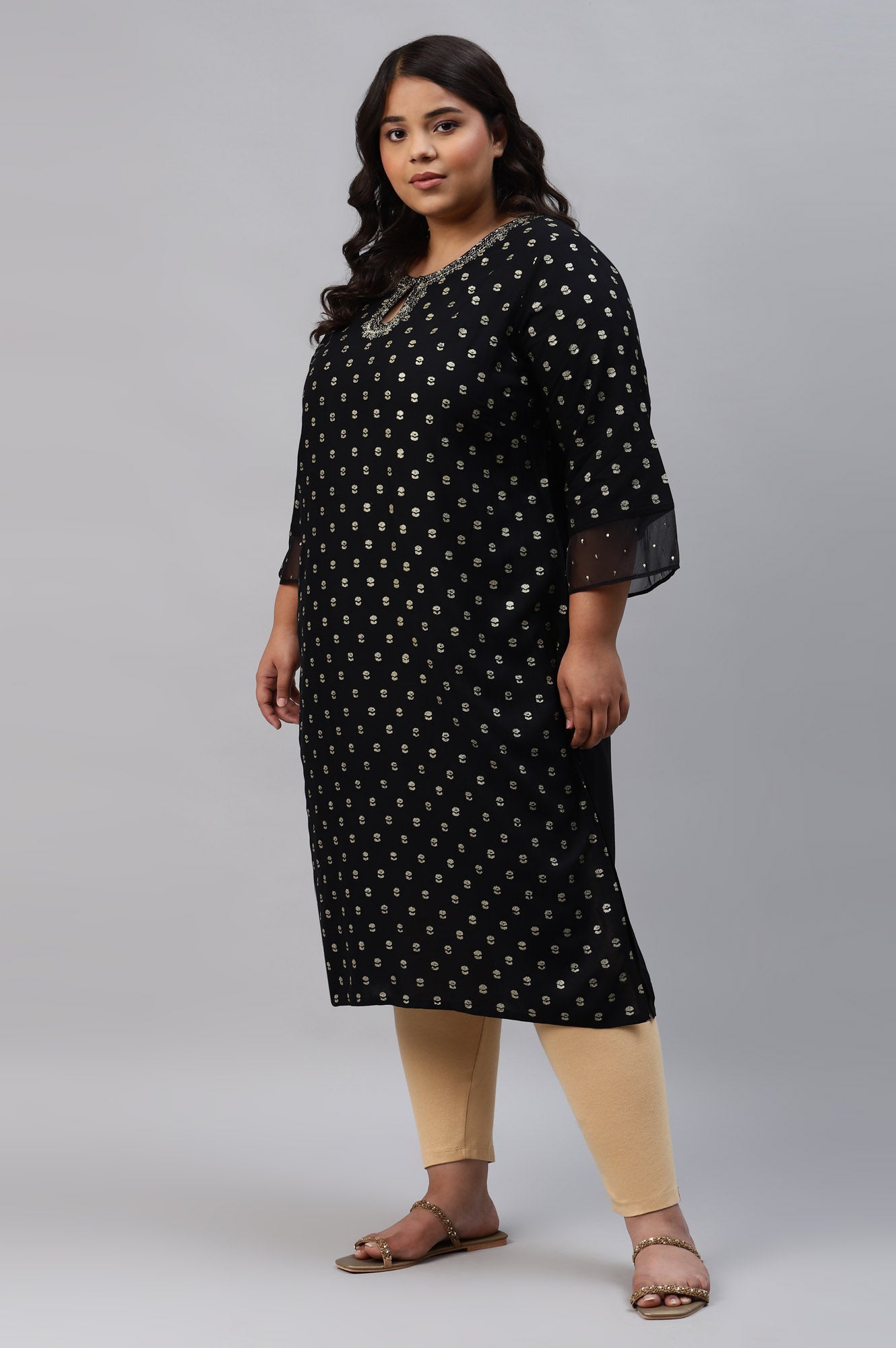 Black Printed Plus Size kurta With Embroidery And Sequins