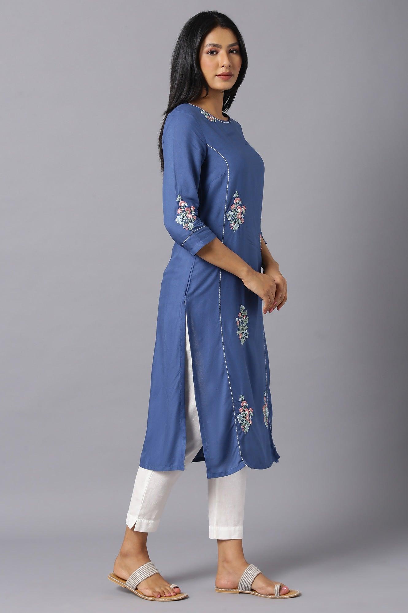 Dark Blue Embroidered kurta In Round Neck - wforwoman