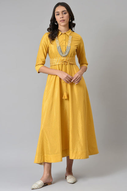 Yellow Glitter Printed Shirt Dress With Embroidered Neckpiece - wforwoman