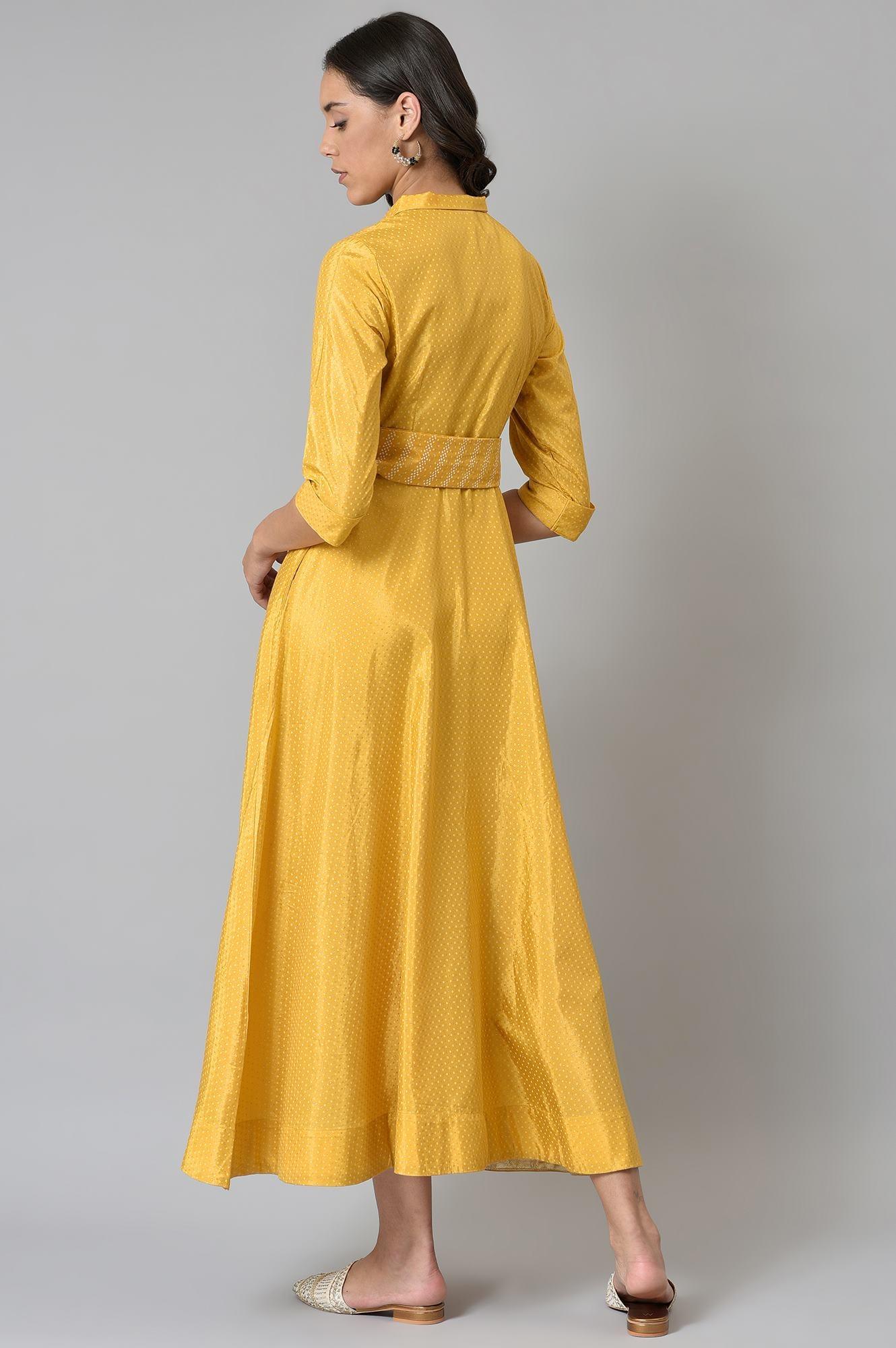 Yellow Glitter Printed Shirt Dress With Embroidered Neckpiece - wforwoman