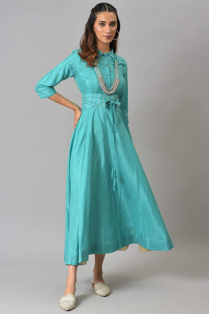 Teal Glitter Printed Shirt Dress With Embroidered Neckpiece - wforwoman