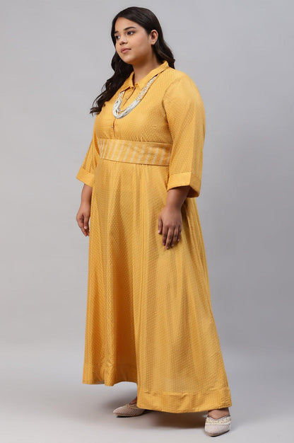 Yellow Glitter Printed Plus Size Shirt Dress With Embroidered Neckpiece - wforwoman
