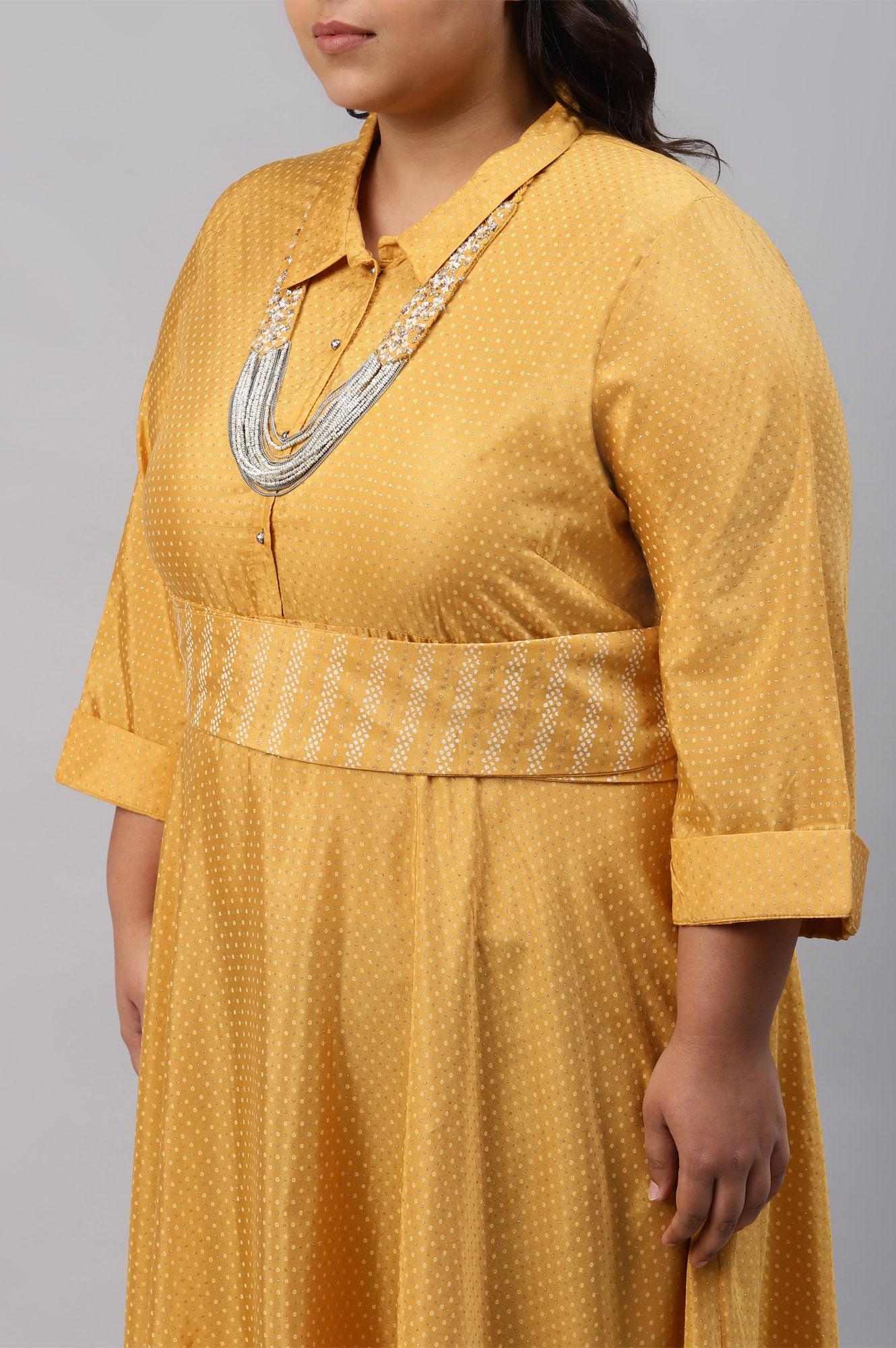 Yellow Glitter Printed Plus Size Shirt Dress With Embroidered Neckpiece - wforwoman
