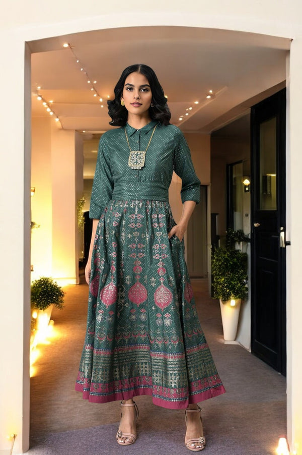 Green Glitter Printed Festive Shirt Dress With Placket