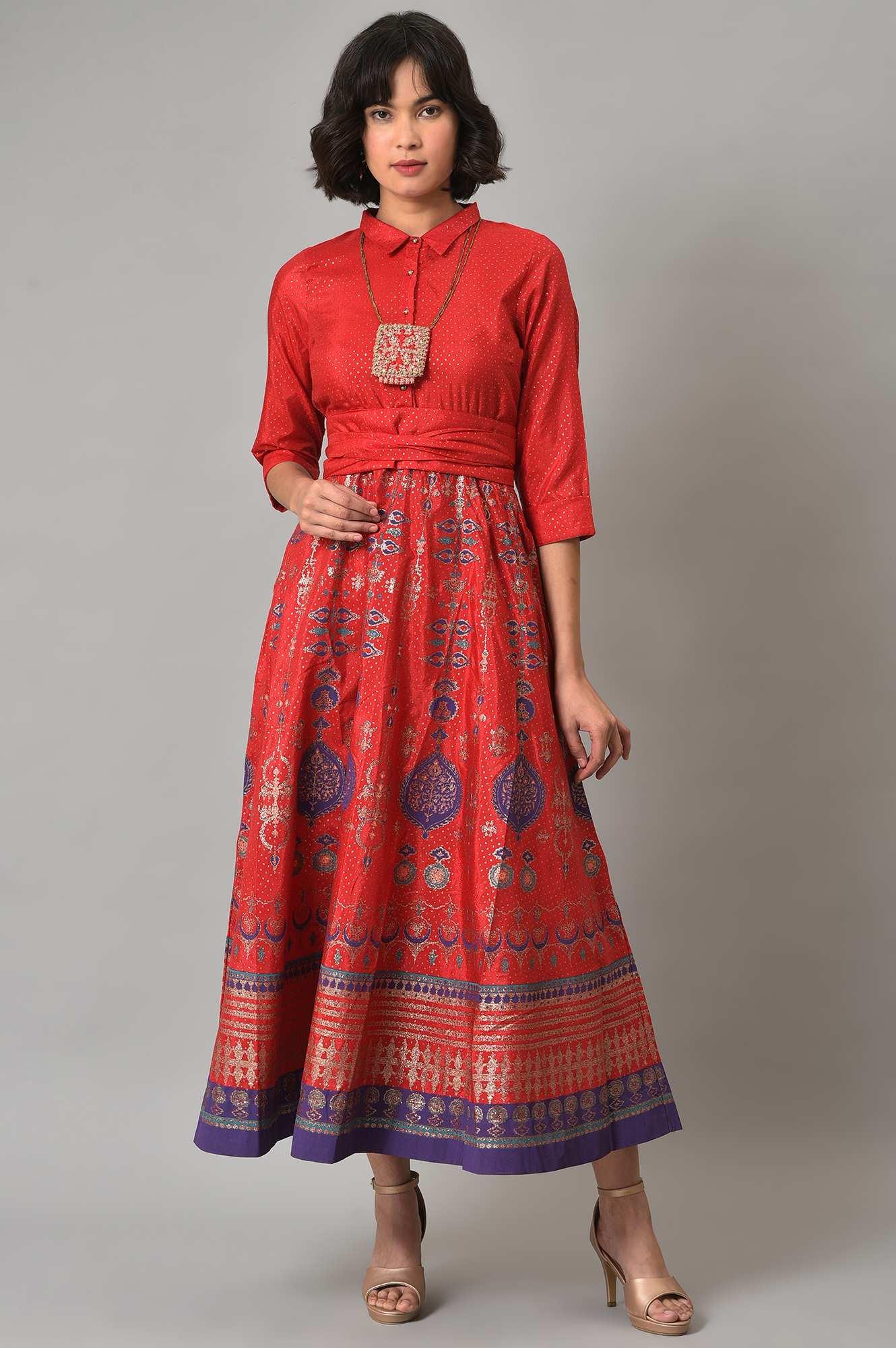 Red Glitter Printed Festive Shirt Dress With Placket - wforwoman