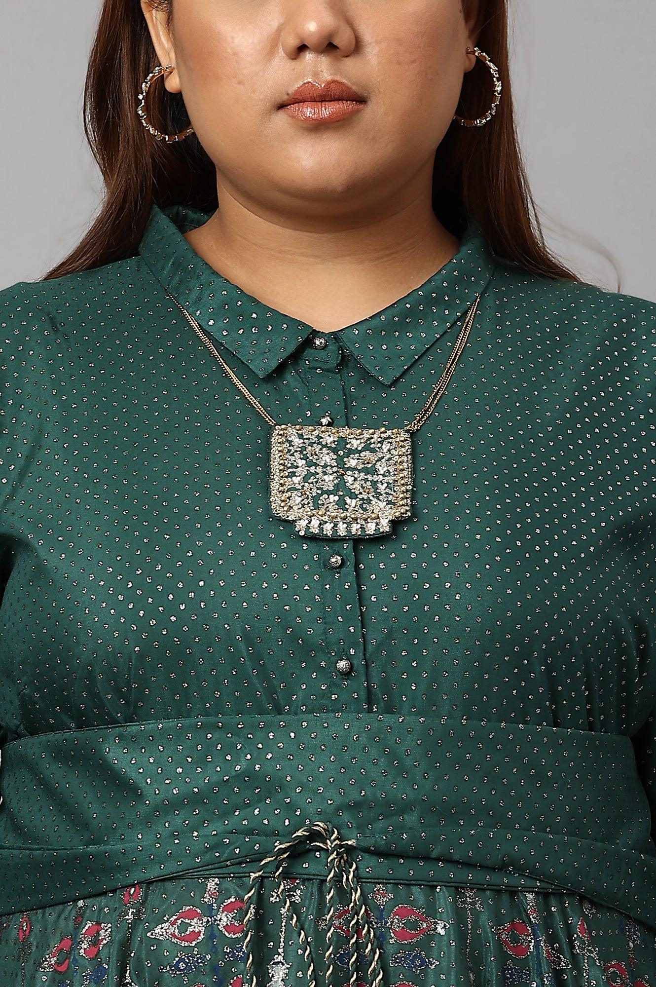 Green Glitter Printed Festive Plus Size Shirt Dress With Placket - wforwoman