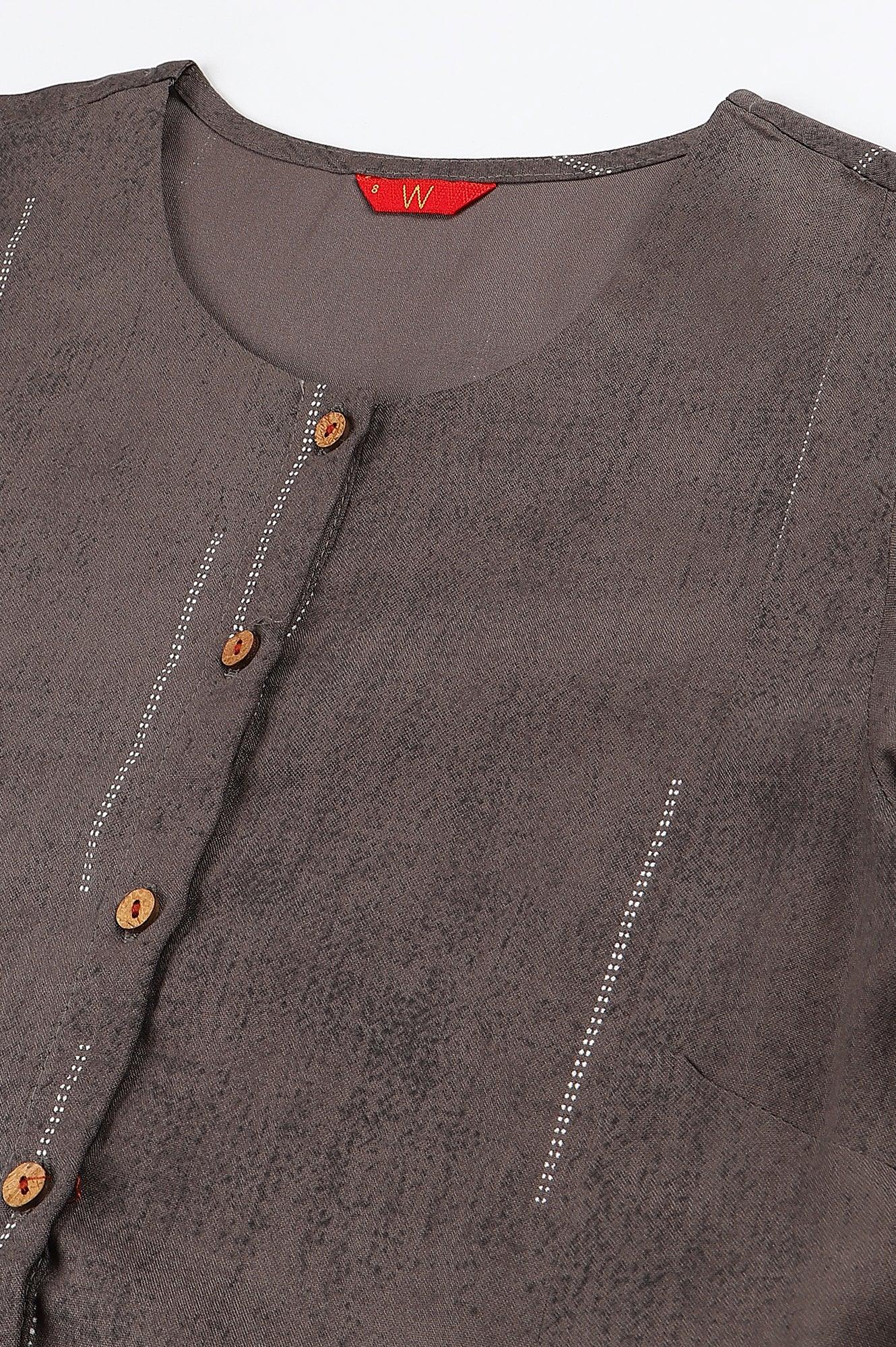 Charcoal Grey Button Down Pleated kurta - wforwoman
