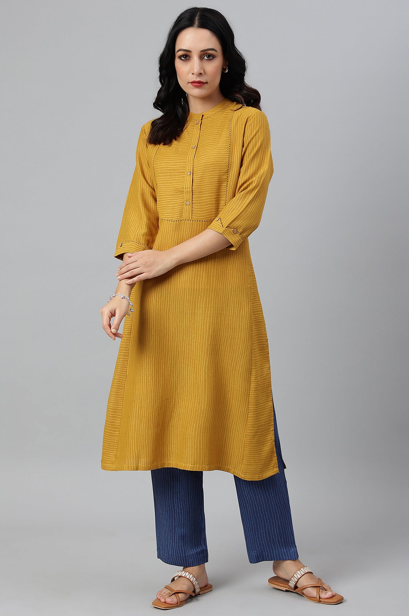 Yellow Thread Embroidered Rayon kurta