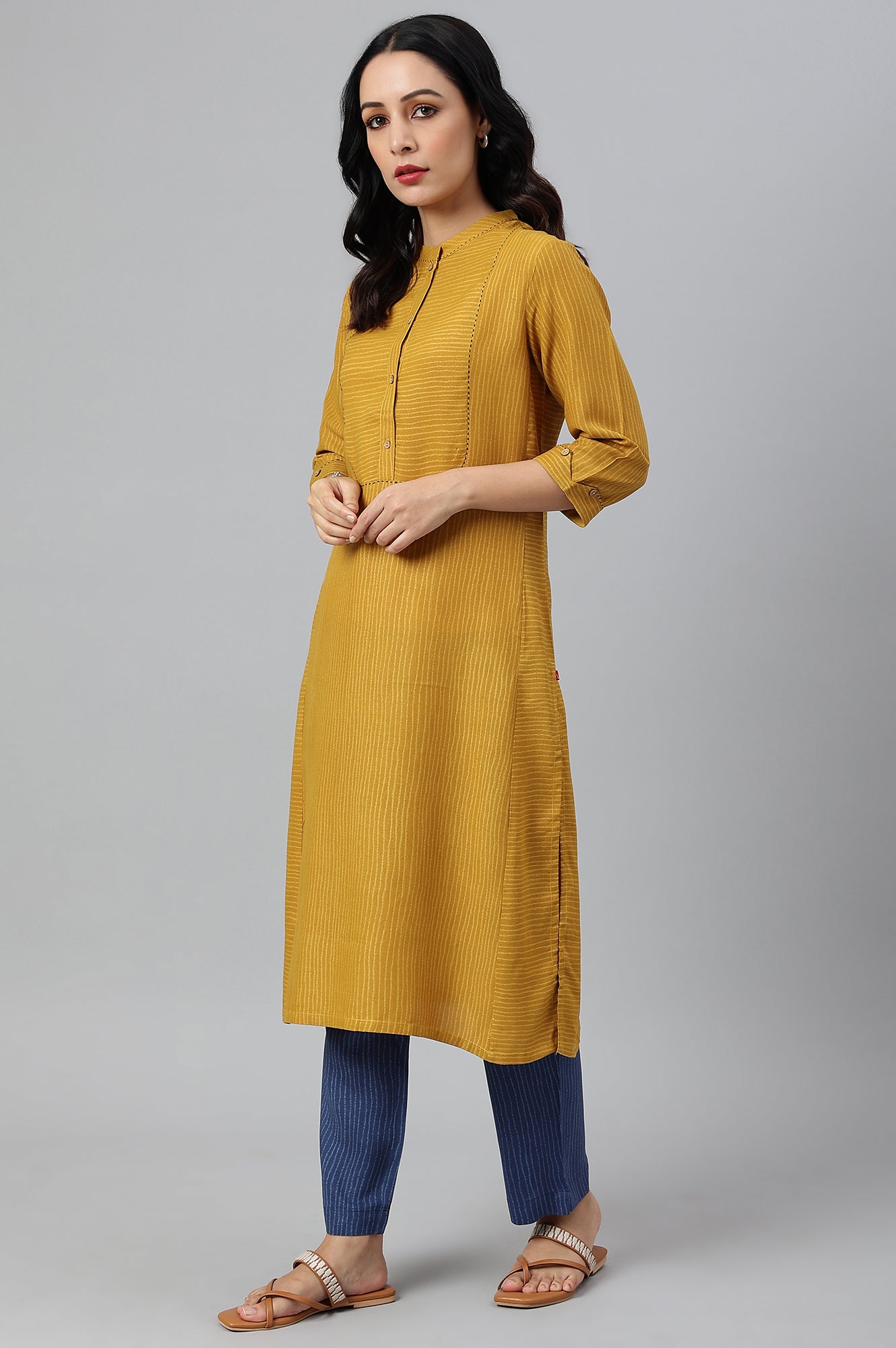 Yellow Thread Embroidered Rayon kurta