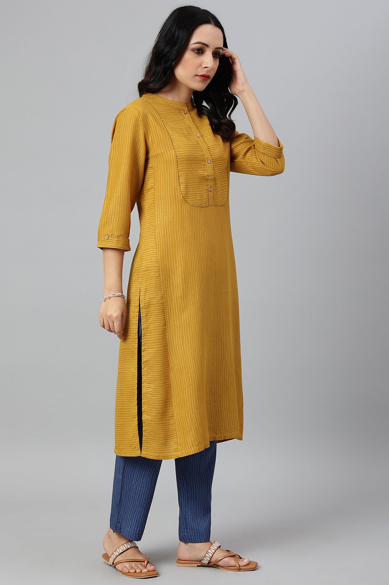 Yellow Thread Embroidered Rayon kurta