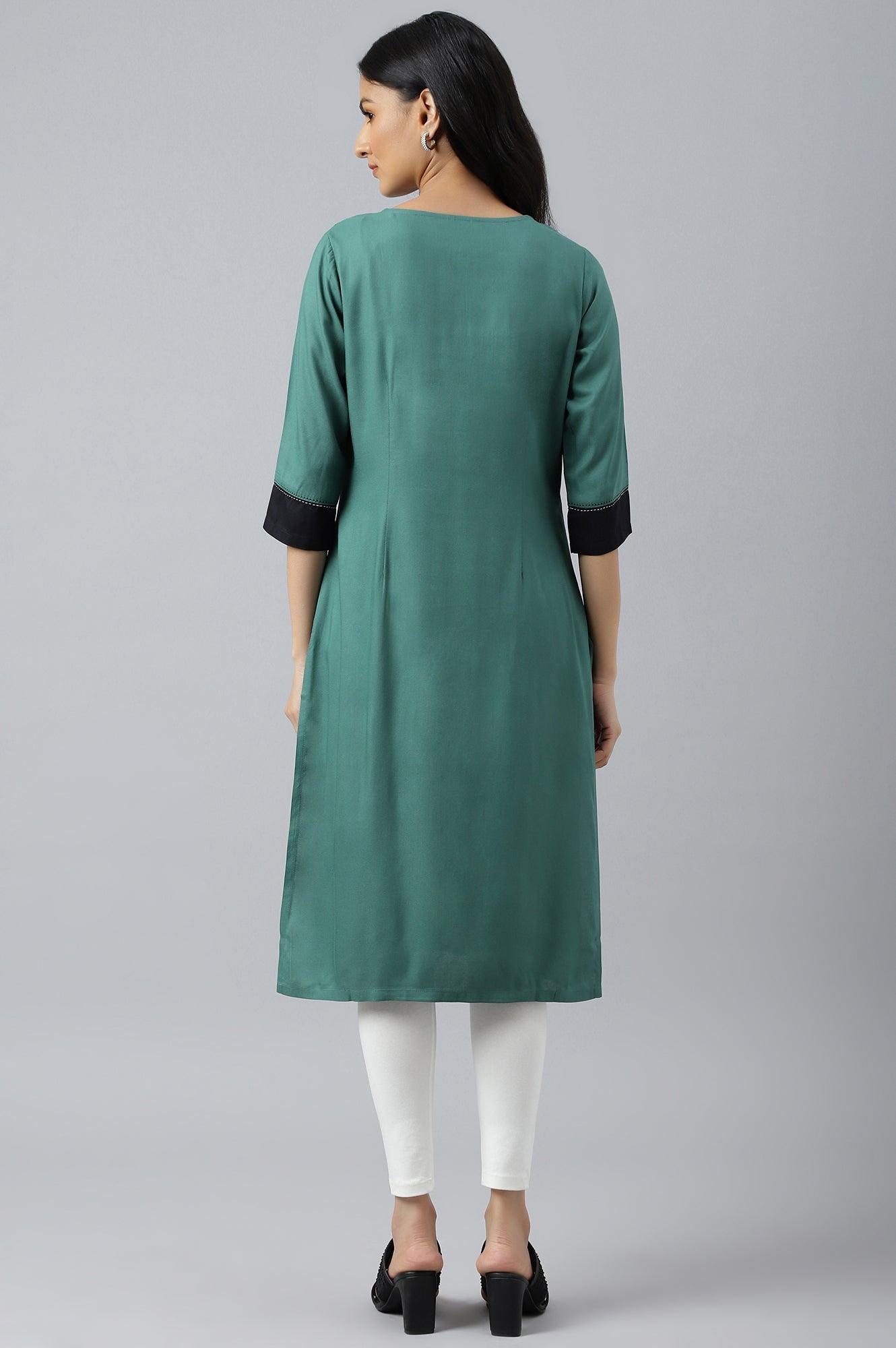 Buy Green Solid kurta With Ecru And Black Yoke @ 1899 | W for